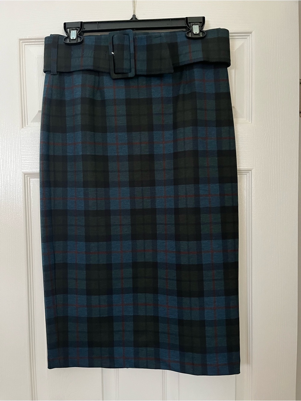 Tailored Plaid Pencil Skirt with Belt - Blue Green